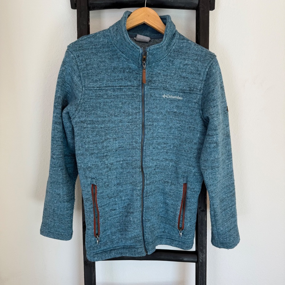 Columbia Fleece Zip Up Jacket Teal Blue Speckled‎ Knit Size Medium